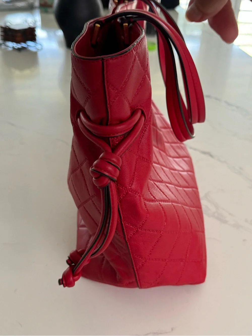 Tory Burch Georgia Slouchy Red Quilted Leather Tote with Gold Logo
